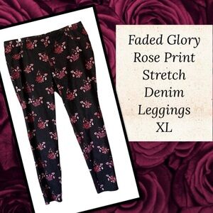 Faded Glory Rose Print Stretch Denim Jeggings XL 16 18 Burgundy Pink Black